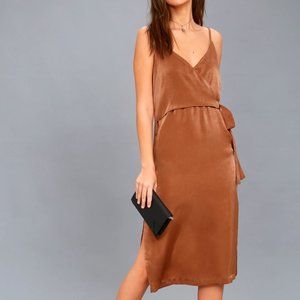 Fall in Love Rusty Brown Satin Midi Wrap Dress